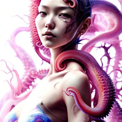  Asian woman, full body, leaning pose, octopus, pink short hair, latex suit, style <Yoji Shinkawa>, Bones, watercolor illustration by <agnes cecile> squid, intricate detail , portrait, high lighting, Gradient background,