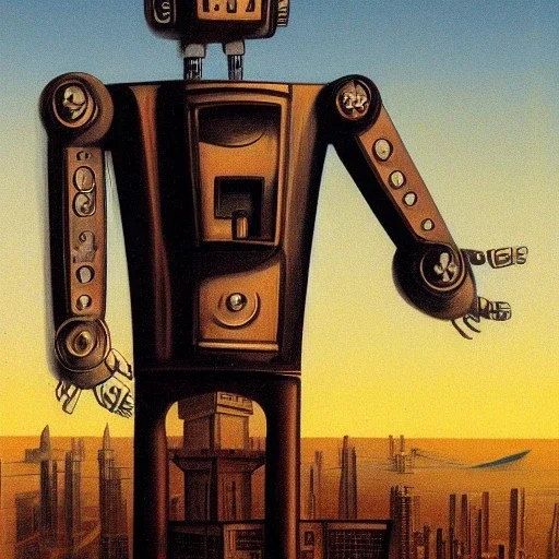 A sad robot sitting on top of a skyscraper by dali