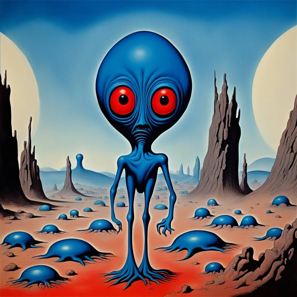 French surrealism animation art from 1970s, illustration of large blue alienoid creatures, mesmerizing, hallucinogenic tones, strange, creepy cutout style of animation of phantamosgoric giant blue alien with red eyes, Czech animation tradition, art by Roland Toper, Dali-esc environment, trance-like, Fantastic Planet aliens