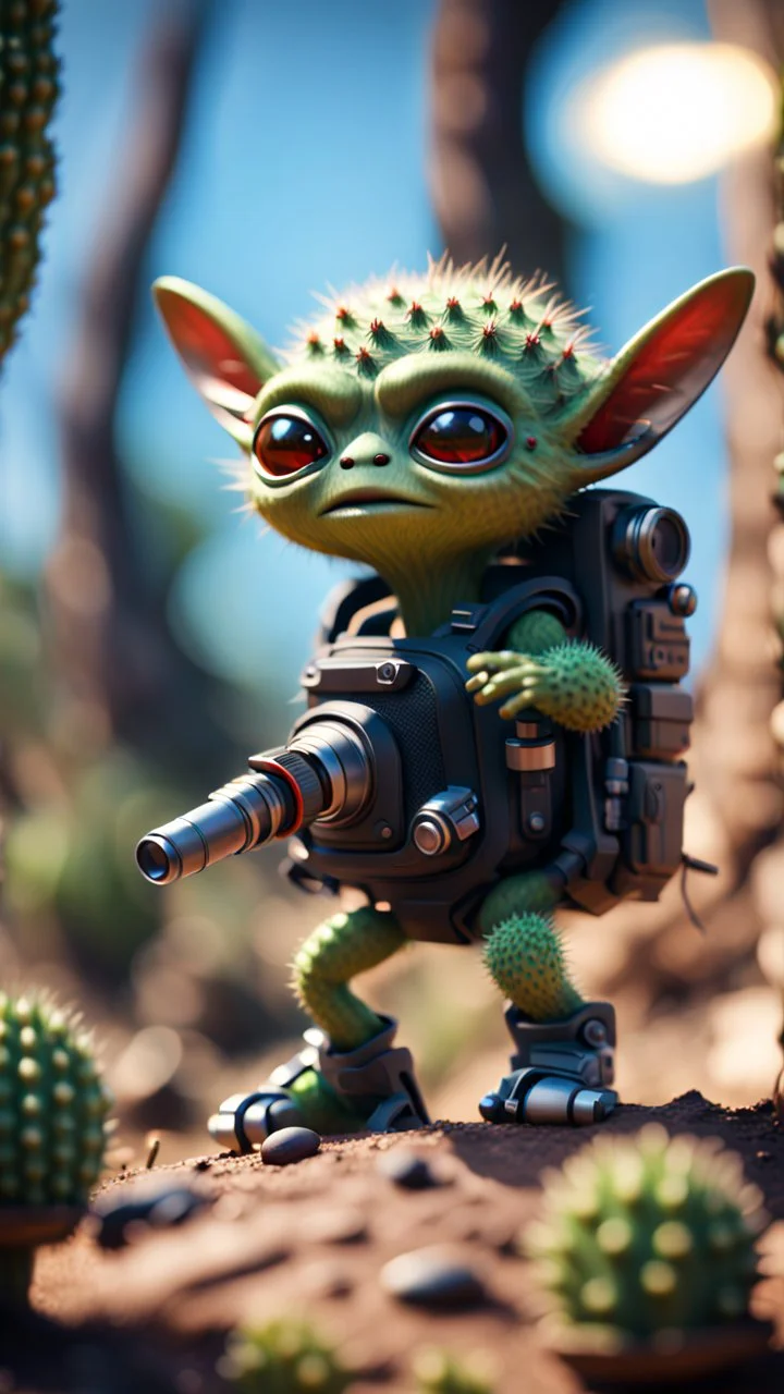 cactus alien gremlin with rocket backpack and a stone club launcher in high tree,bokeh like f/0.8, tilt-shift lens 8k, high detail, smooth render, down-light, unreal engine, prize winning