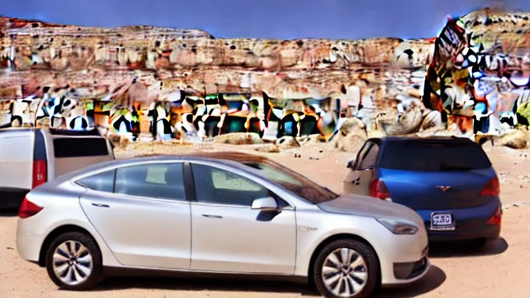 A Tesla's 'Model S Plaid' is parked, at Petra, in Jordan. CINEMATIC. WIDE ANGLE LENS.