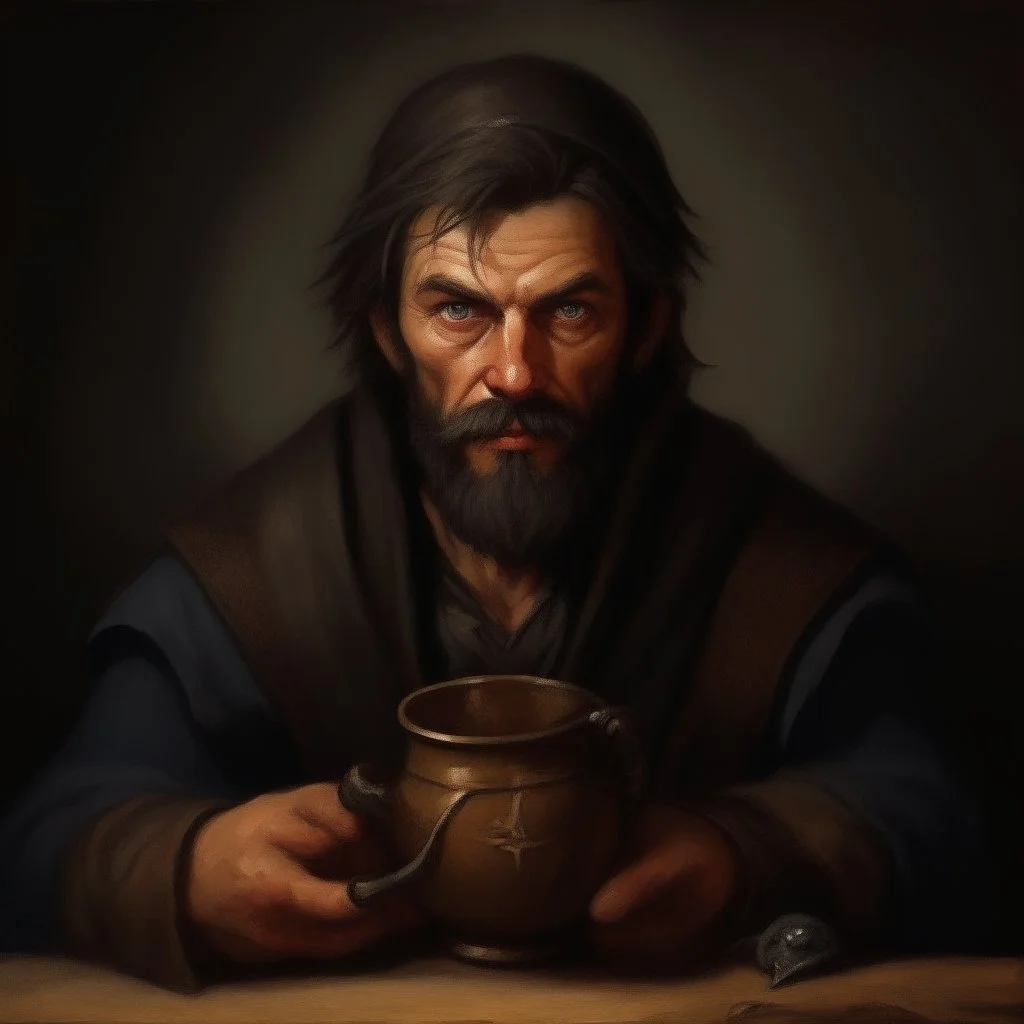 dnd style dark fantasy medieval peasant with claws. mugshot. oil painting.