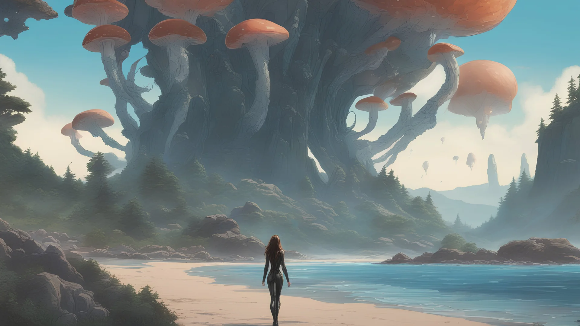 A long-haired woman in a robotic-looking catsuit standing on a beach of a rocky landscape with flying mushrooms with jellyfish tentacles and a crashed spaceship in the distance, with a forest beyond