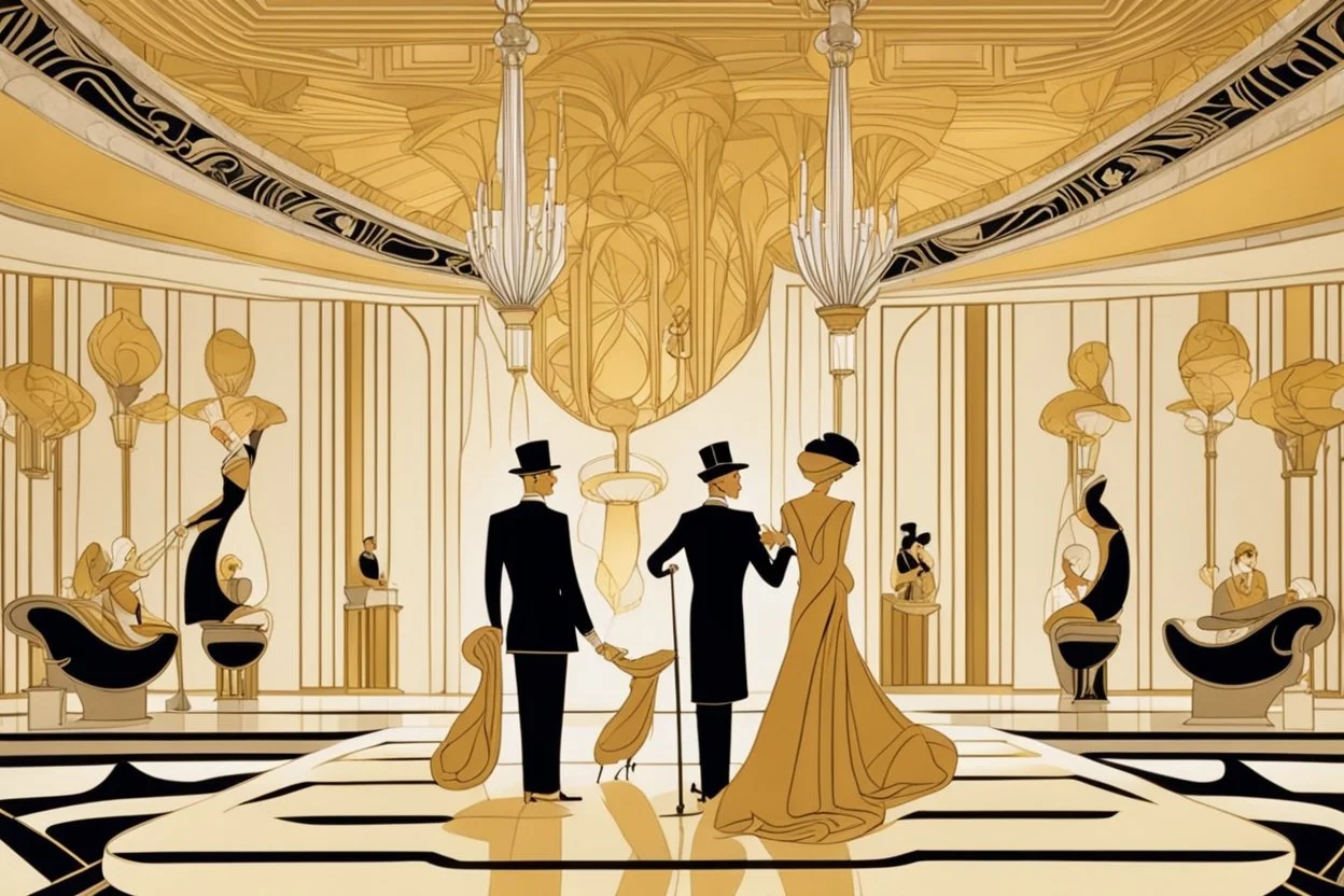 Inside an Art Deco Opera foyer, with mirrors and brass sconces, incandescent, gleaming, people in extravagant costumes by artist "Erte"