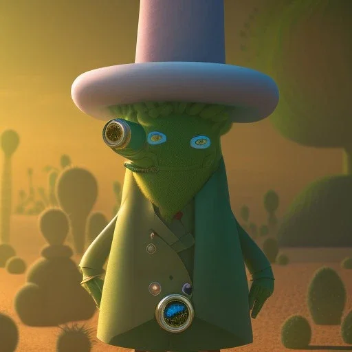 A giant, talking cactus wearing a top hat and monocle, standing in the middle of a desert oasis.