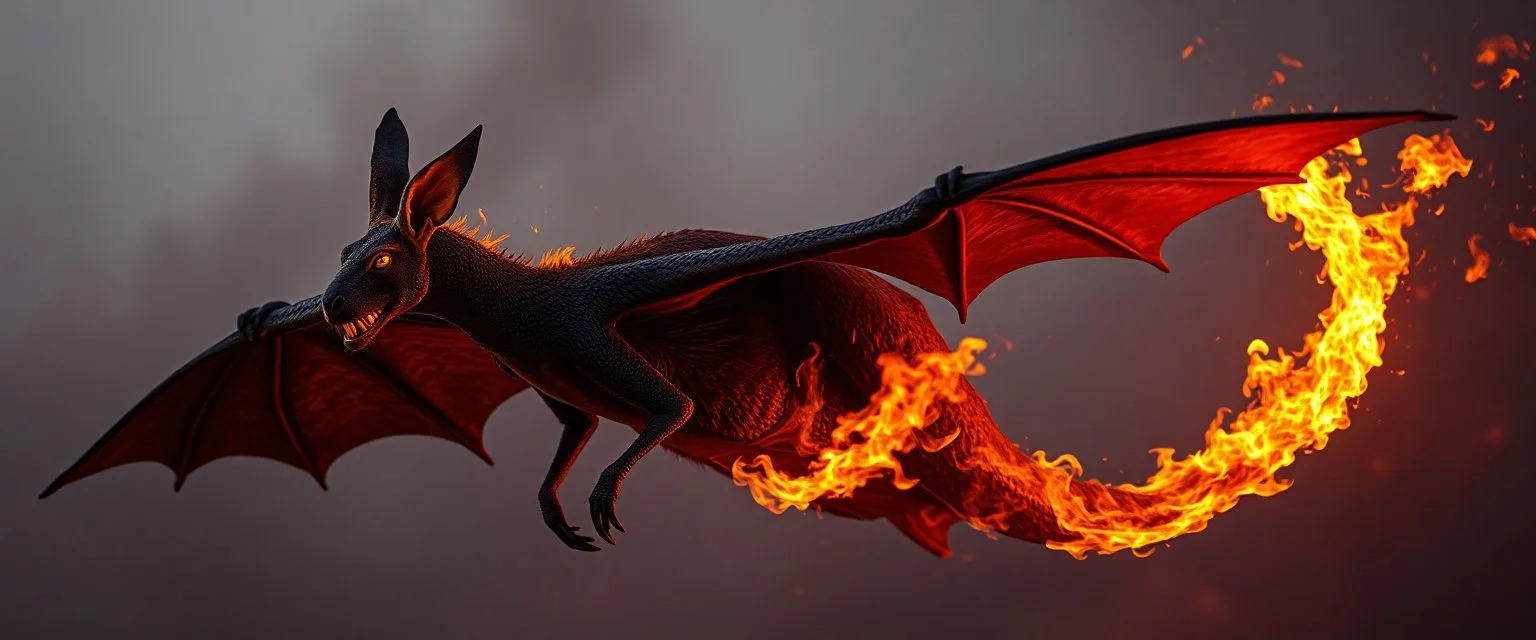 portrait of wild fire breathing bat dragon kangaroo above Byzantes, burning a Kangaroo with its breath