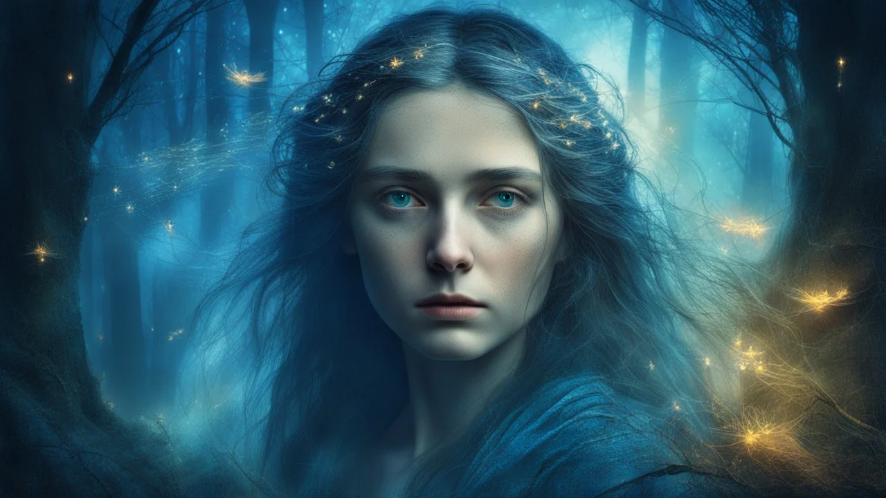 Old canvas, Portrait of a Medieval beautiful sad woman 20 years old, double exposure, fantasy, night, fog, blue, flowing hair, forest, bridge, water, sparkles, fireflies, fine rendering, bright colors, high resolution, 3D, clear lines, photorealism ,