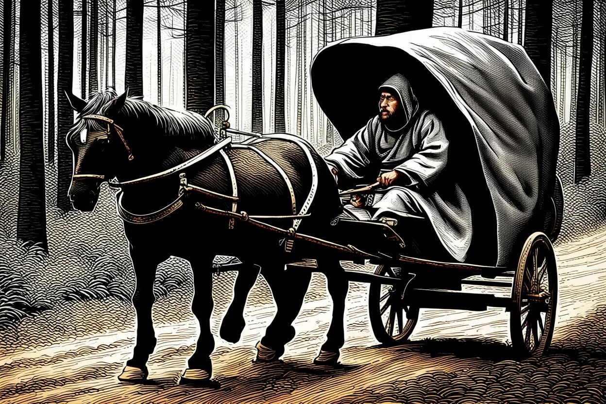 hooded monk driving horse and 2 wheel cart in the forest