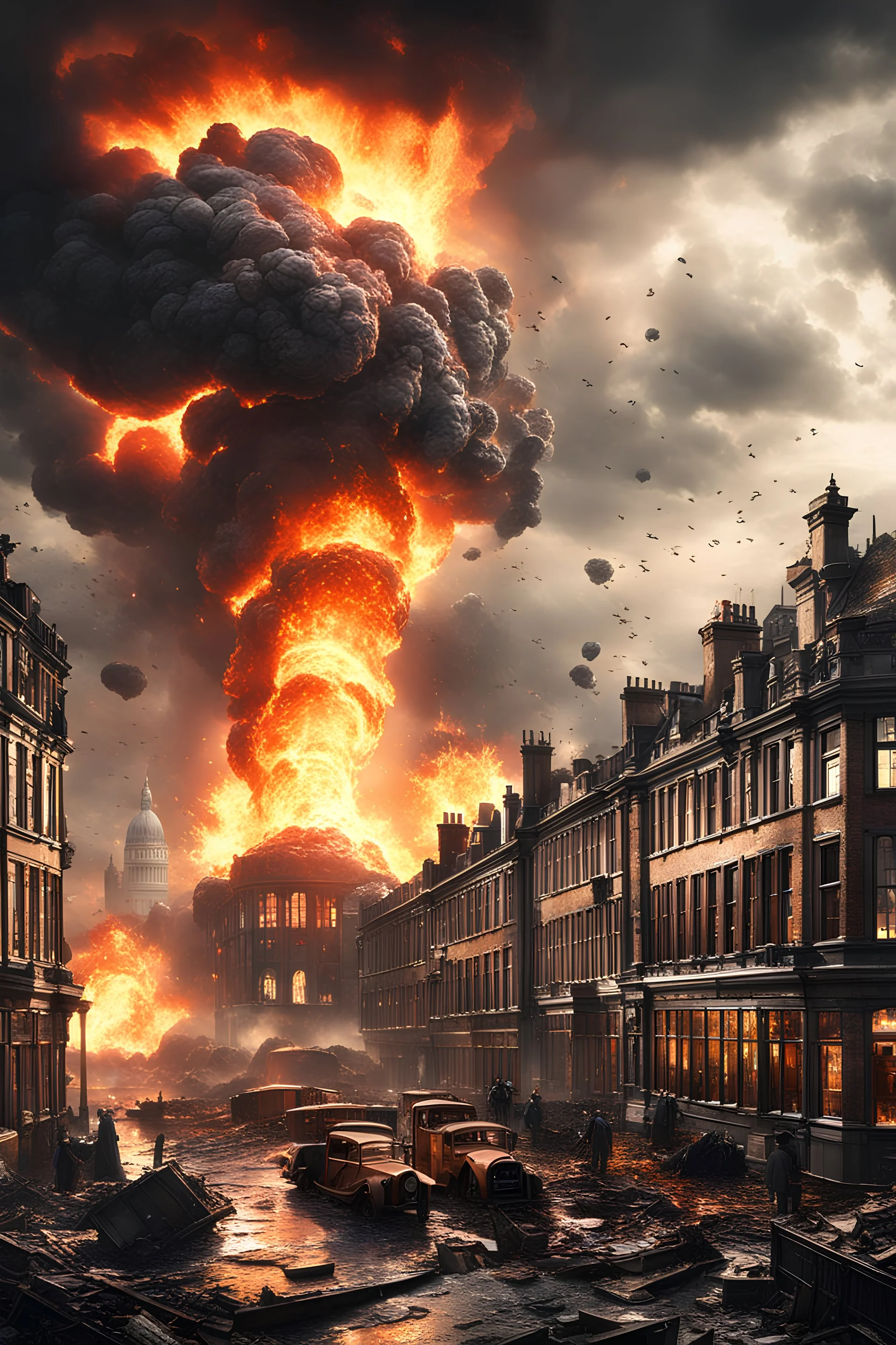 create a wildly imaginative otherworldly, chaotic total destruction of Victorian London amidst a swirling firestorm from a super massive asteroid impact, highly detailed, digital composite, 8k,