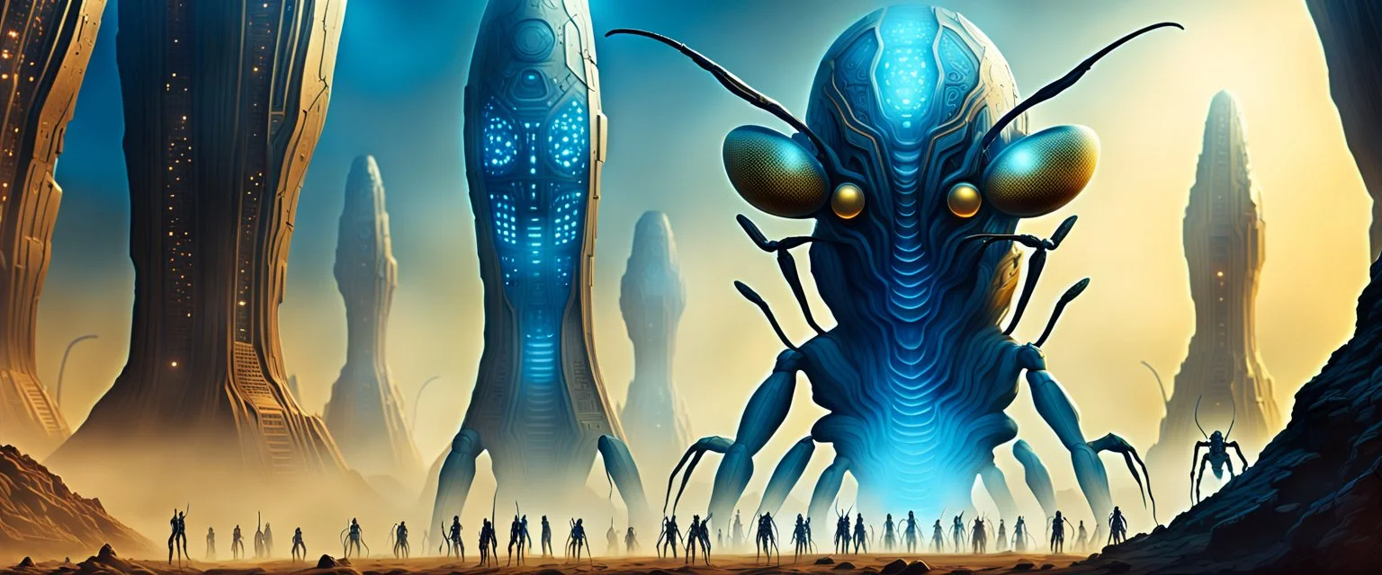 Towering insectoid civilization carved into metallic cliffs, glowing hive structures, synchronized ant-humanoids standing in formation, golden mist and blue fog, massive scale, sci-fi colony superstructure, airbrush fantasy poster, alien grandeur