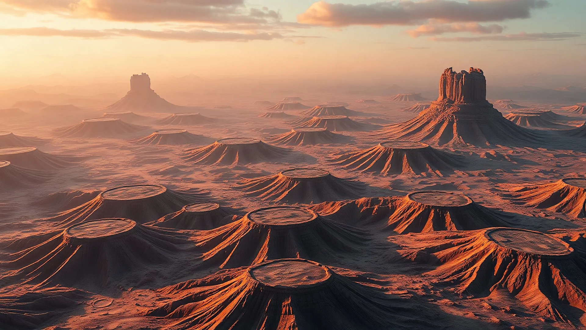 landscape covered in craters that looks futuristic with futuristic lighting, realistic rendering