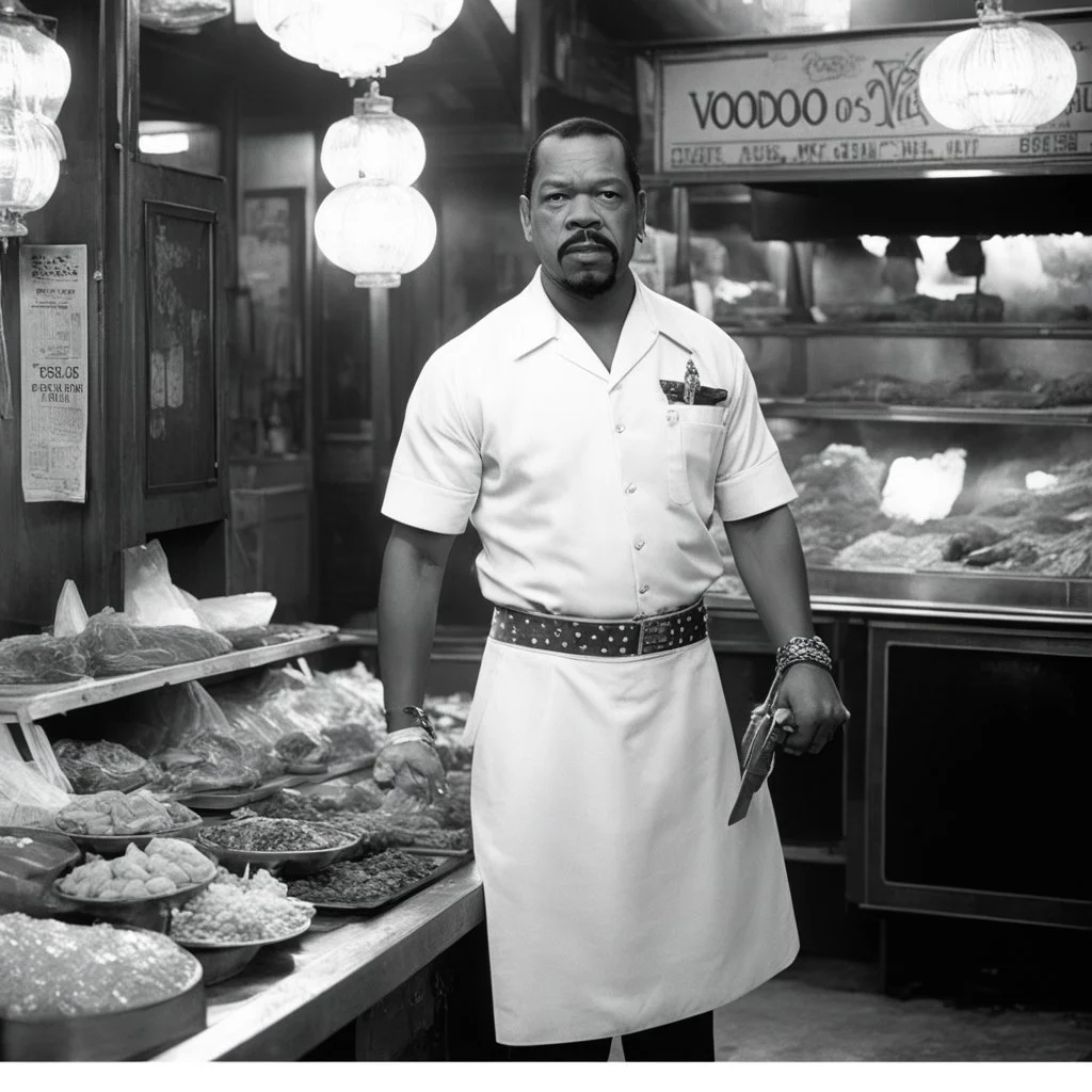 [Voodoo movie by Wes Anderson] Ice-T Fin Tutuola as a butcher in new Orlean, vintage 1970's photo