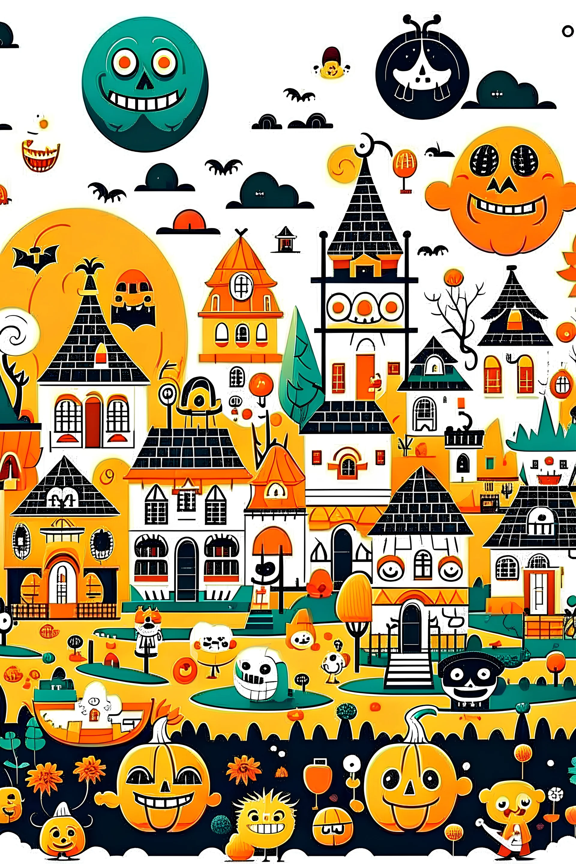 Create a cute Halloween village cartoon on a white background. Illustrate a festive scene with smiling pumpkins, friendly ghosts, and costumed characters. Use thick black outlines, mandala-style for intricacy, and maintain a clean, shadow-free look. Ensure a playful atmosphere, perhaps with trick-or-treating or a Halloween parade. Decorate the village with colorful banners, pumpkins, and child-friendly spooky elements. Emphasize full-body characters for a delightful touch. Aim for a sketch-style