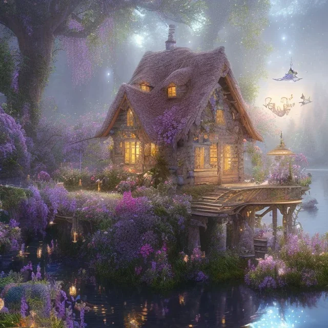 high-quality, fine-detail beautiful magical cottage with a clear, reflective lake, flowers, butterflies, small globes of iridescent light, tranquil, gorgeous, 8k resolution, 3D octane render, intricate, digital art, detailed matte, volumetric lighting, George Grie, Anne Dittman, Anne Stokes, Lisa Parker, Selina French, Alphonese Mucha