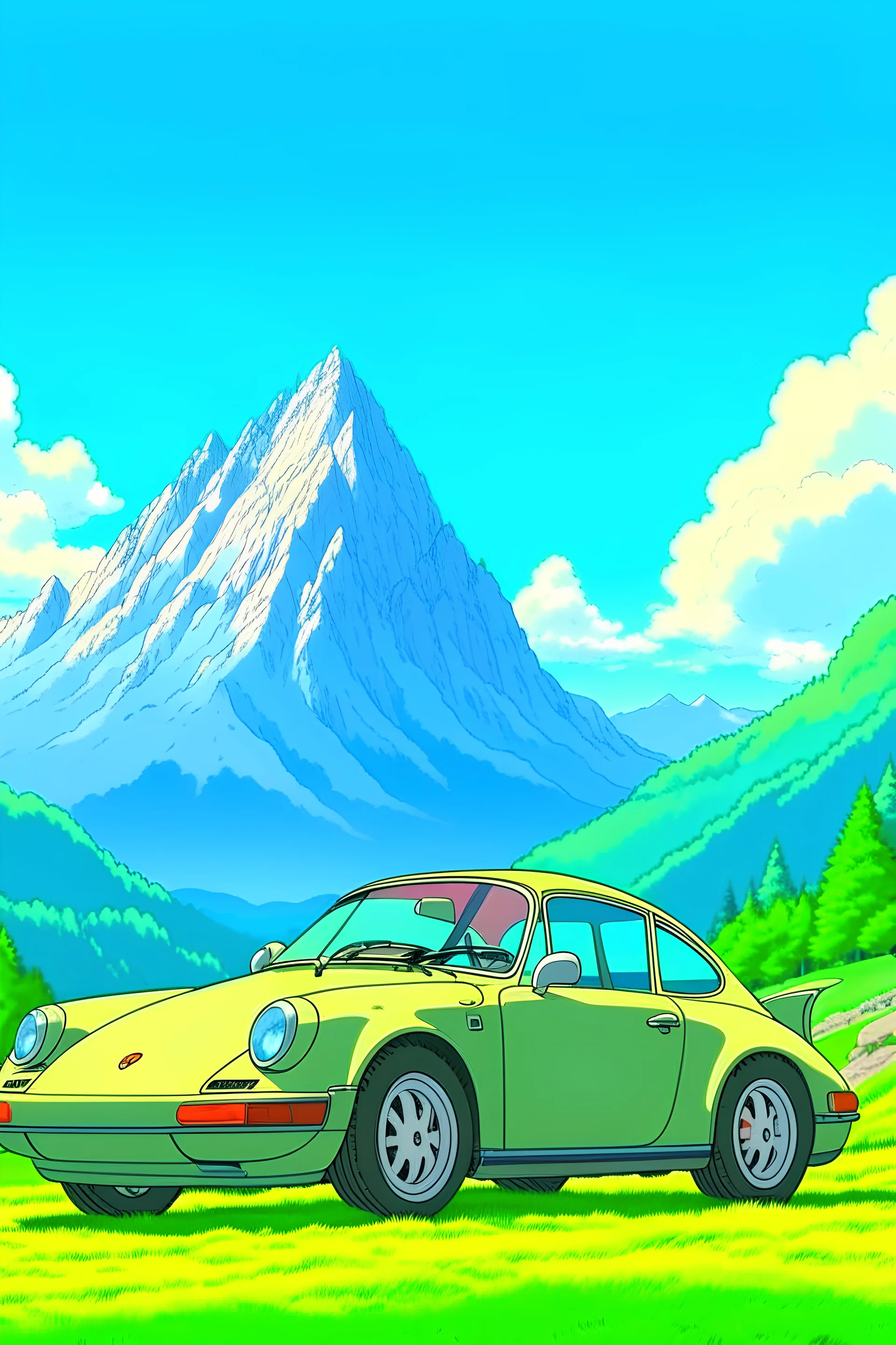 a porche car, mountains in the background, Ghibli style anime