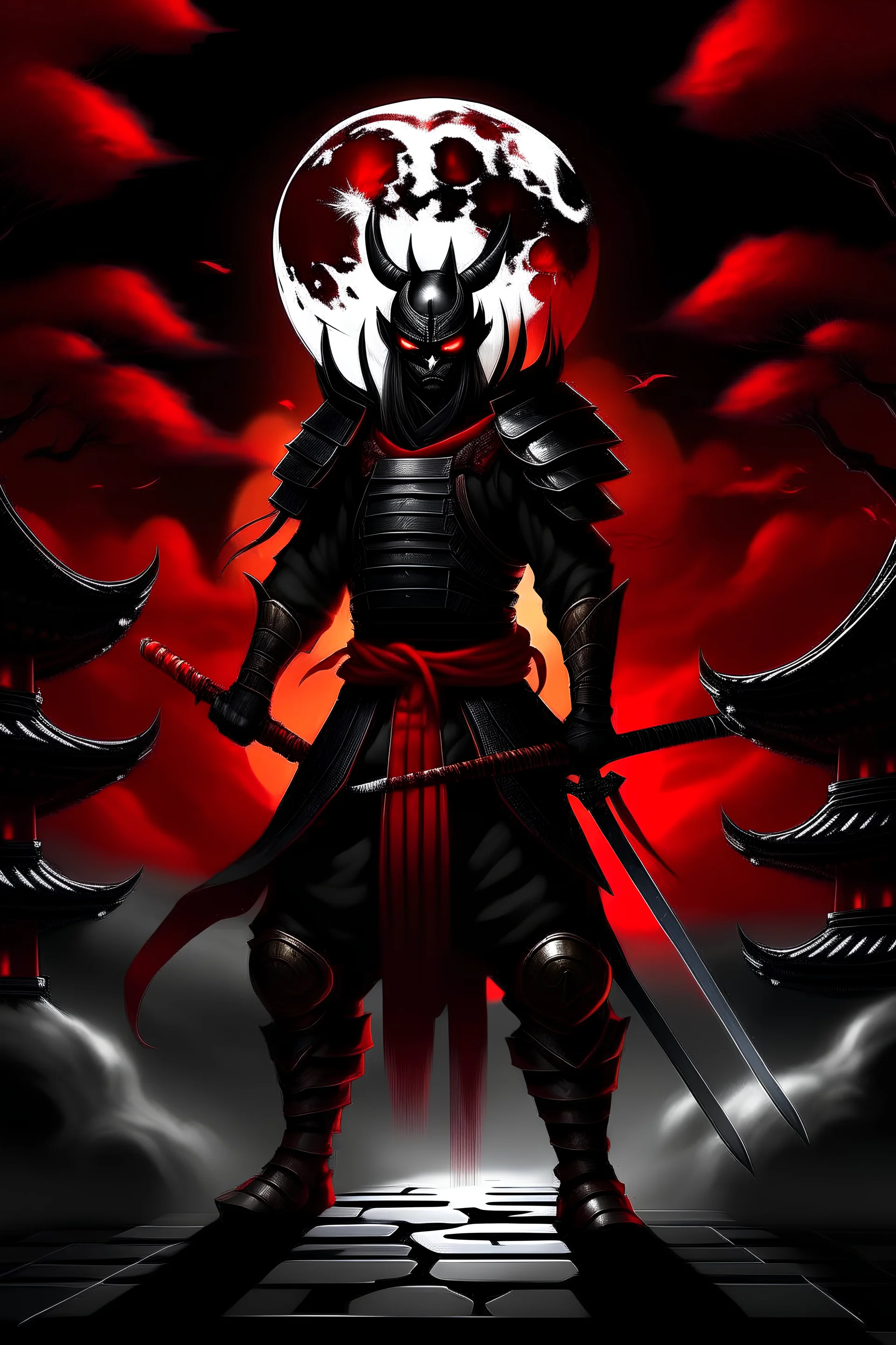 A samurai in black Armour and red eyes with a black flaming sword and red hilt, standing on a temple with the moon in the background and the trees on the side