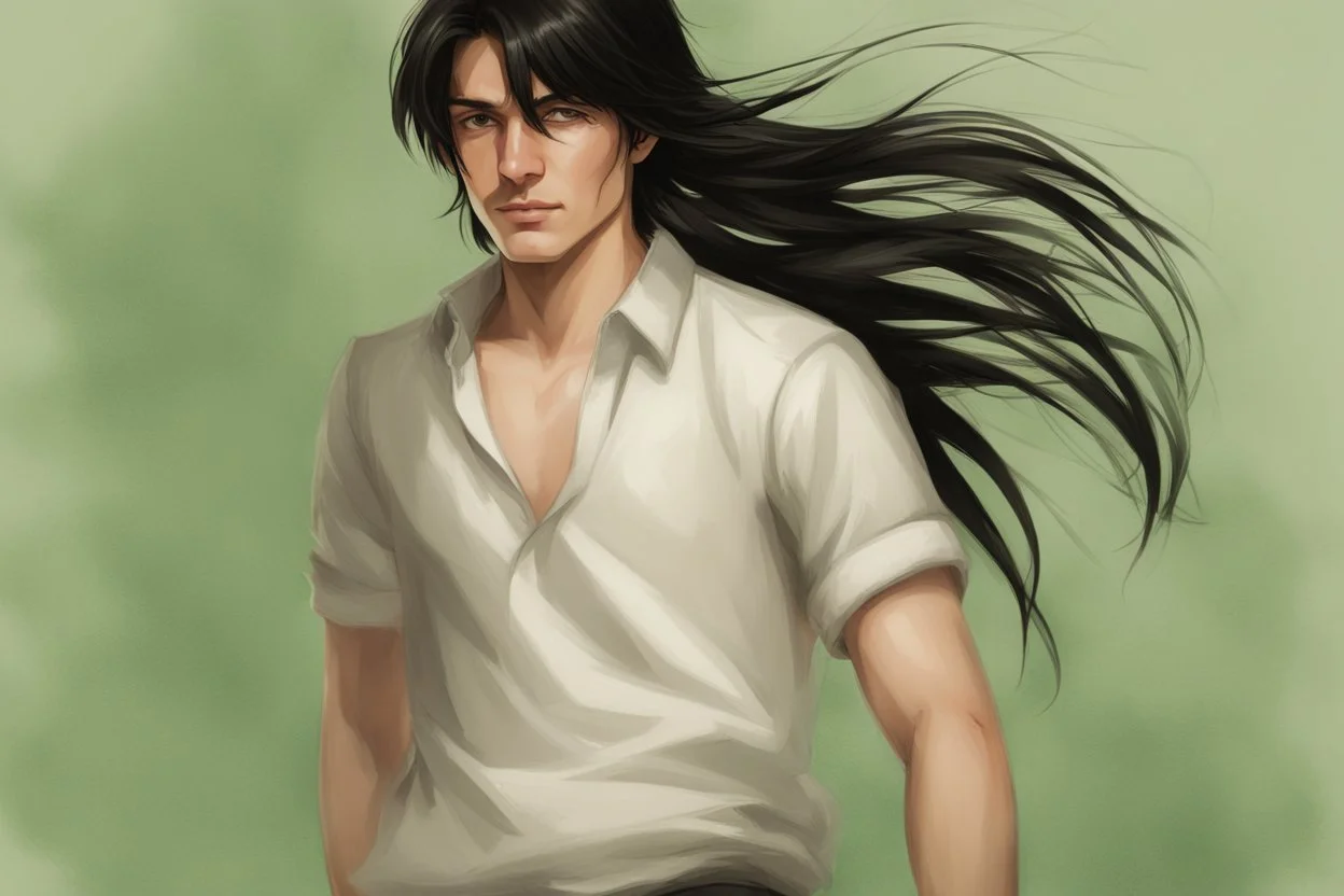 a young male with shoulder length black hair and green eyes, slight smile