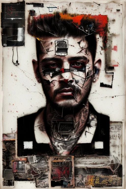 Ultra detailed medium portrait painting of a man, sitting on chair,ex-ganster in jail tattoos, rough look, bold, tear tattoo on face, mascara, evil look, chaos dark background,torn up collage of photo clippings, broken circuitry background, matrix effects, punk visual art, punk art aesthetic, graffiti art, pop surrealism, collage art, cluttered paint glitches