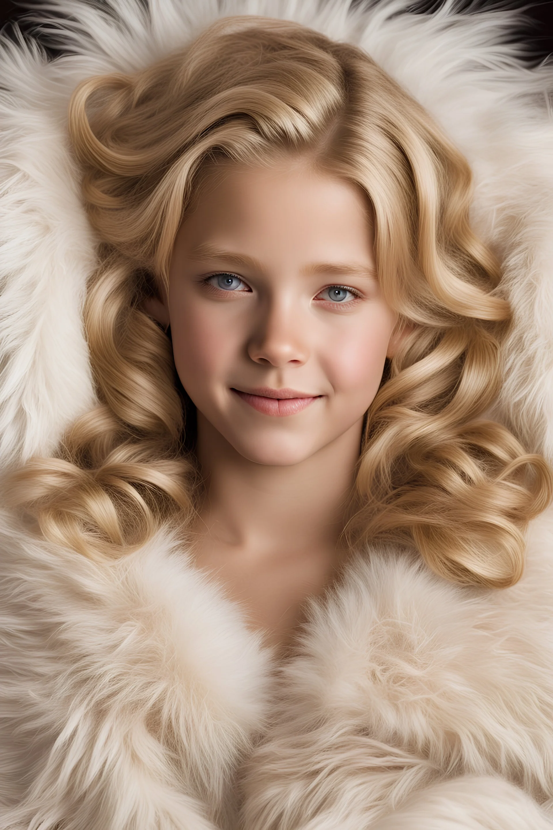 photorealistic, fluffy shirt, blonde tween, lying on a fur blanket, smirking