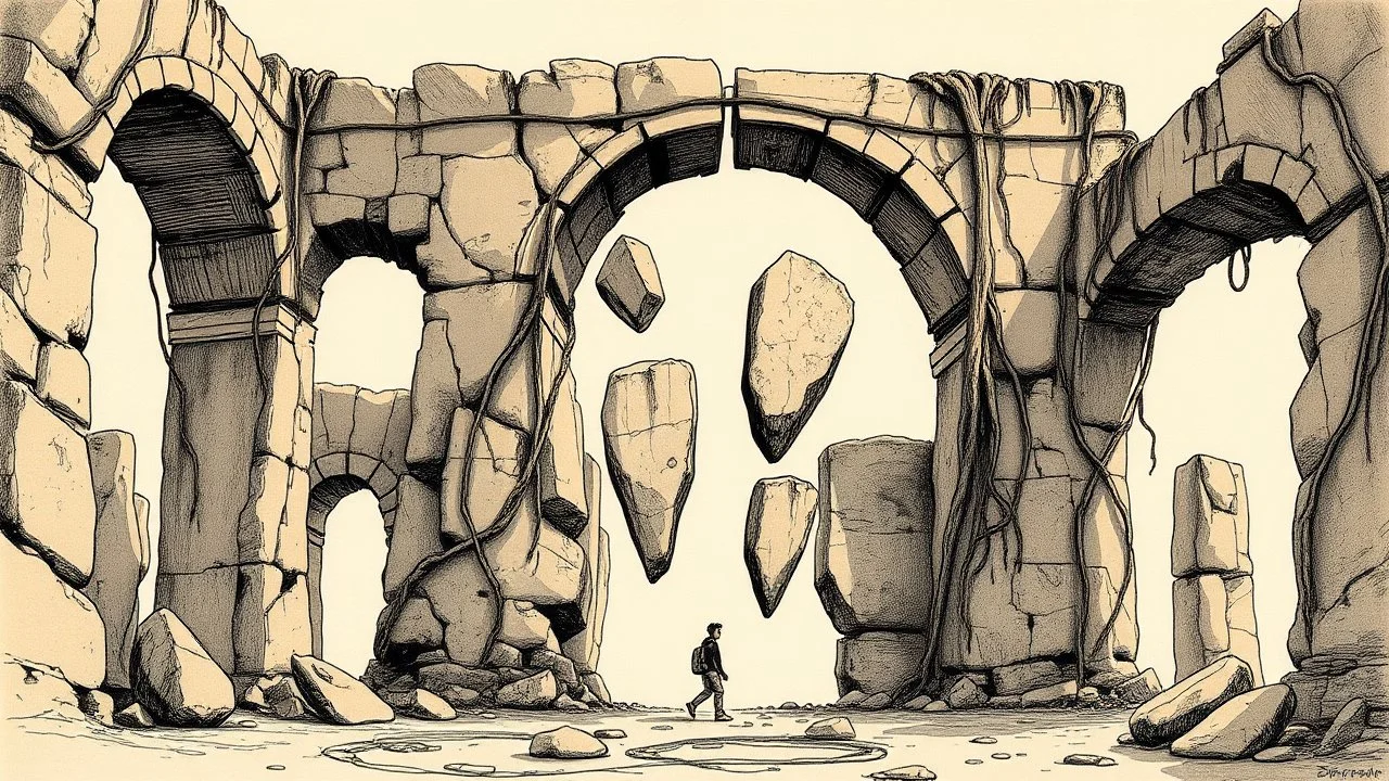 Arcos monumentales rotos en segmentos que flotan a distintas alturas, raíces antiguas envolviendo piezas de piedra suspendidas, un viajero solitario caminando entre los fragmentos, técnica de ilustración arqueológica con tinta sepia y toques de color mineral.