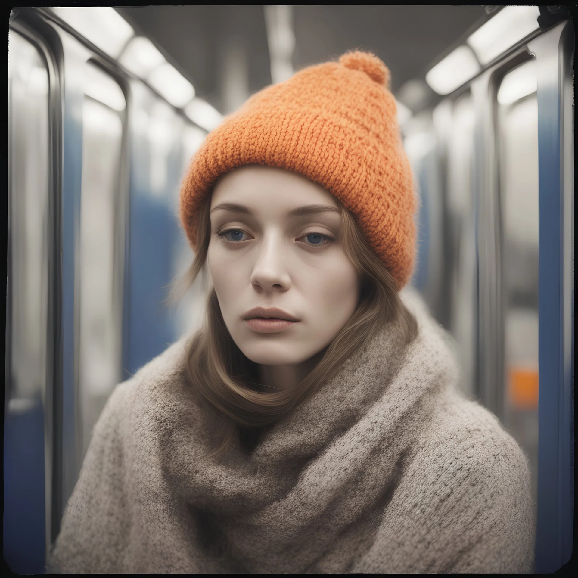 Jolie foster, sad,in the metro in the style of a polaroid, , blue, Grey, beige,orange, with a knitted hat, eyes closed