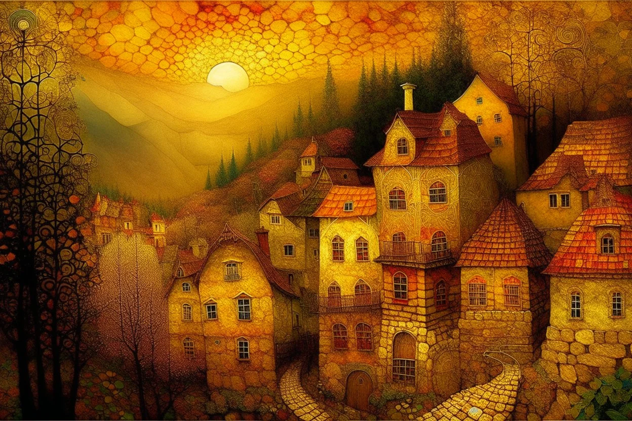 Nostalgia-evoking, breathtaking surreal masterpiece, channeling Sam Toft, Gustav Klimt, Andy Kehoe, Amanda Sage, features a quaint village scene bathed in setting sun's golden hues, painted textures conjuring yesteryears, fusion of folk art, sharp focus, studio photo, intricate details, artstation trending, highly detailed, Greg Rutkowski signature style, golden hour lighting, Modifiers: beautiful very cute visually breathtaking beautiful