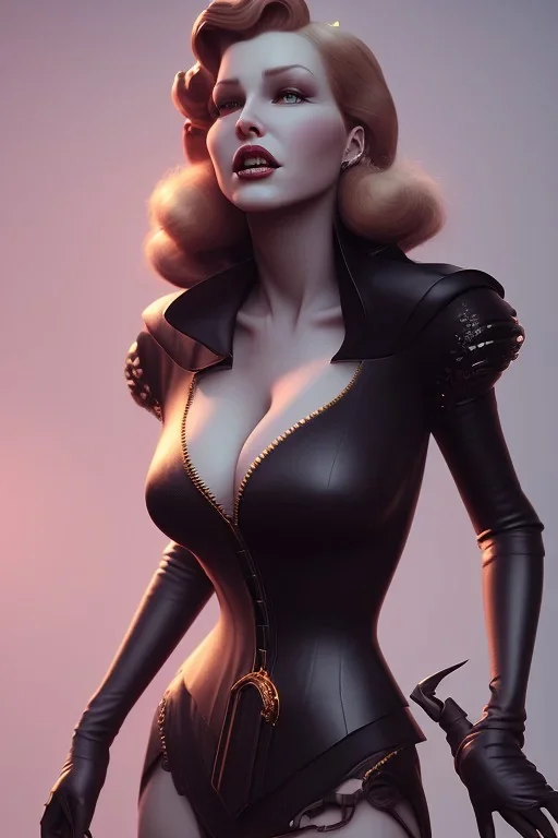 Rita Hayworth as evil queen in black leather, busty, cleavage, dominatrix, curvy, angry, stern look. character design by cory loftis, fenghua zhong, ryohei hase, ismail inceoglu and ruan jia. unreal engine 5, artistic lighting, highly detailed, photorealistic, fantasy