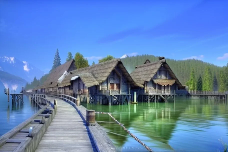 lake city during the iron age realistic, photorealistic, natural lighting, elegant HDR complex picture Octane hyper realistic cinematic reflections very detailed