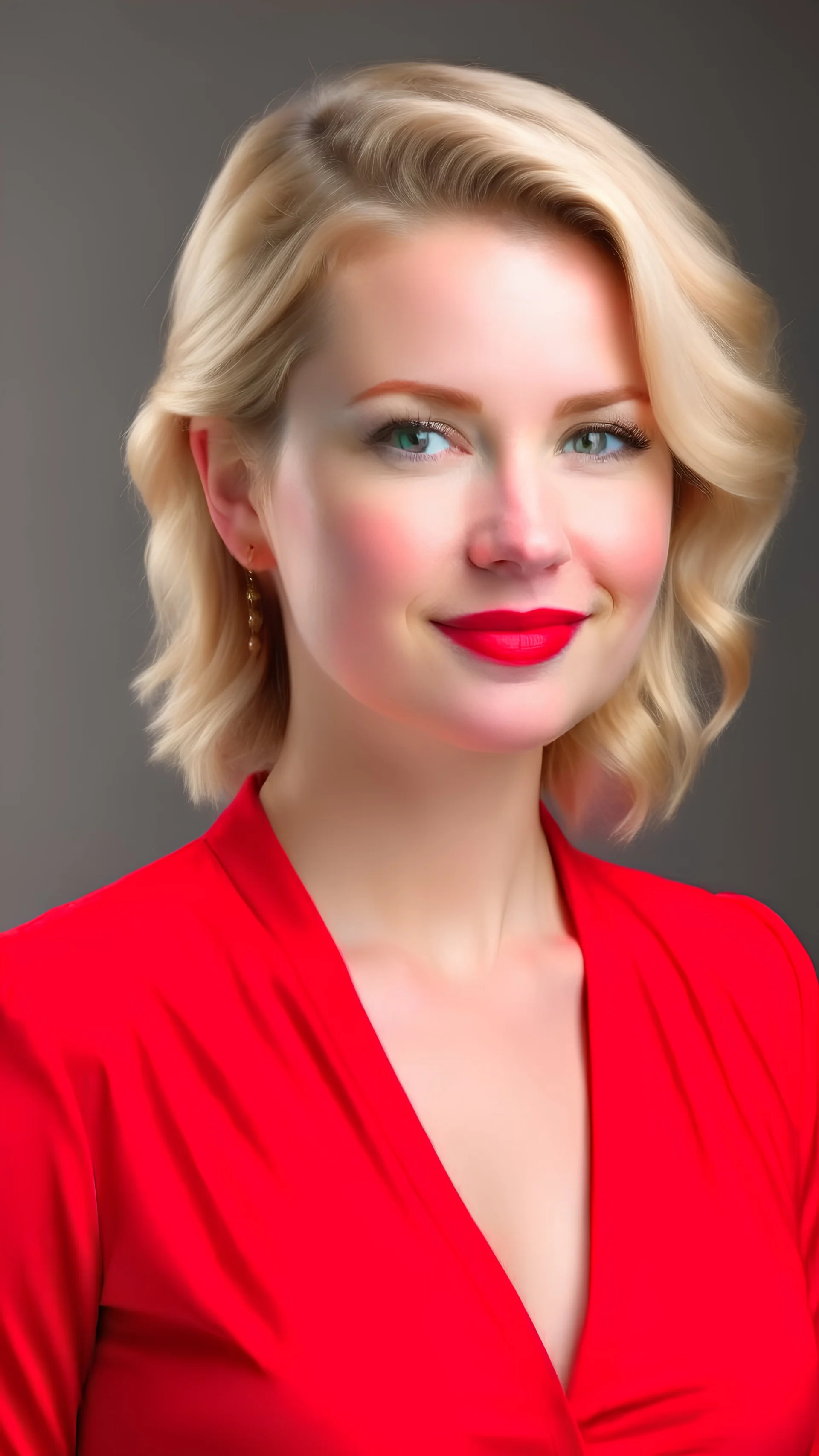 picture of corporate woman with red dress blonde hair age 29