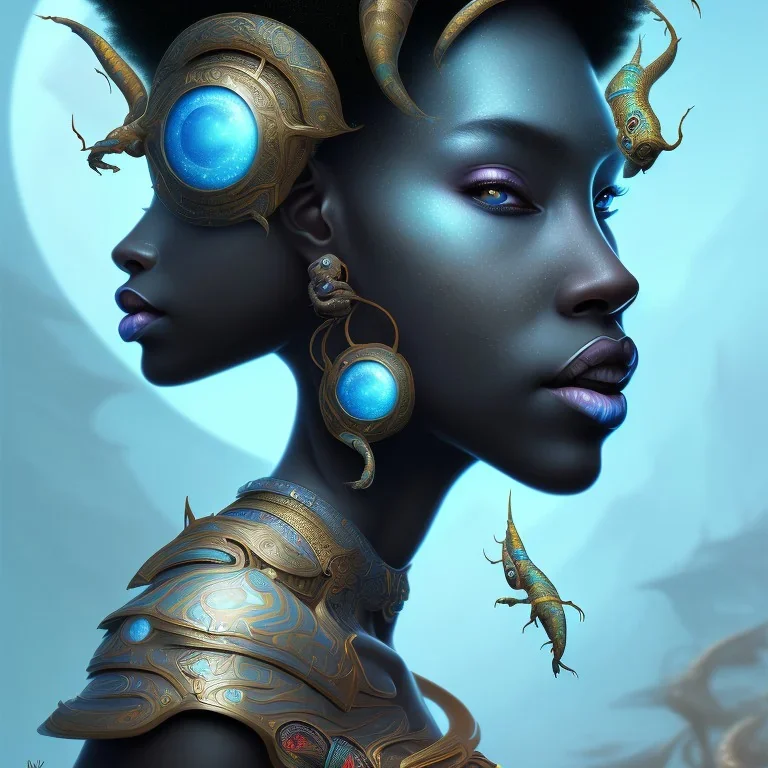 sango fantasy, fantasy magic, intricate, sharp focus, illustration, highly detailed, digital painting, concept art, matte, masterpiece head sexy view black African beauty black afro hair space lady turquoise carp skin African space journey