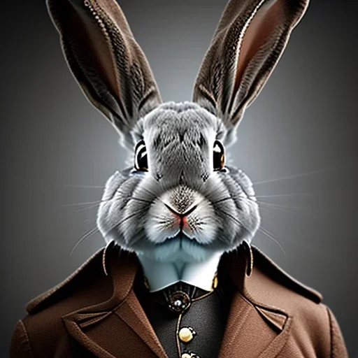 Grey lopped eared bunny portrait as Victorian hunter