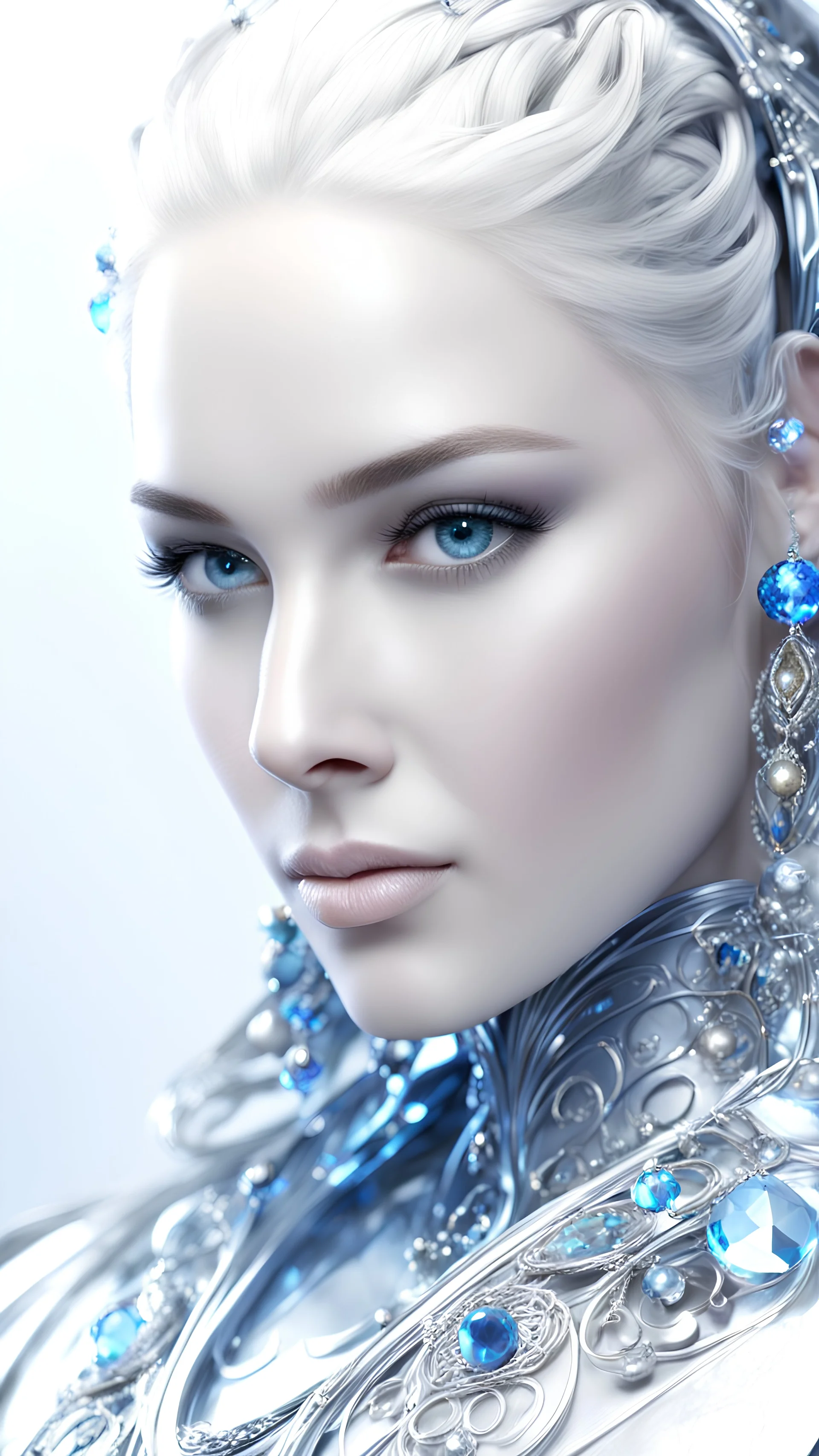 AI 3d photo realistic portrait of young woman, smiling, beautiful, shiny blue eyes, make up, Byzantine style, shiny baubles, ornate, large gemstones, shiny molten metalics, shiny wire filigree, silver hair, high definition, high res, octane render, 64k, 3d