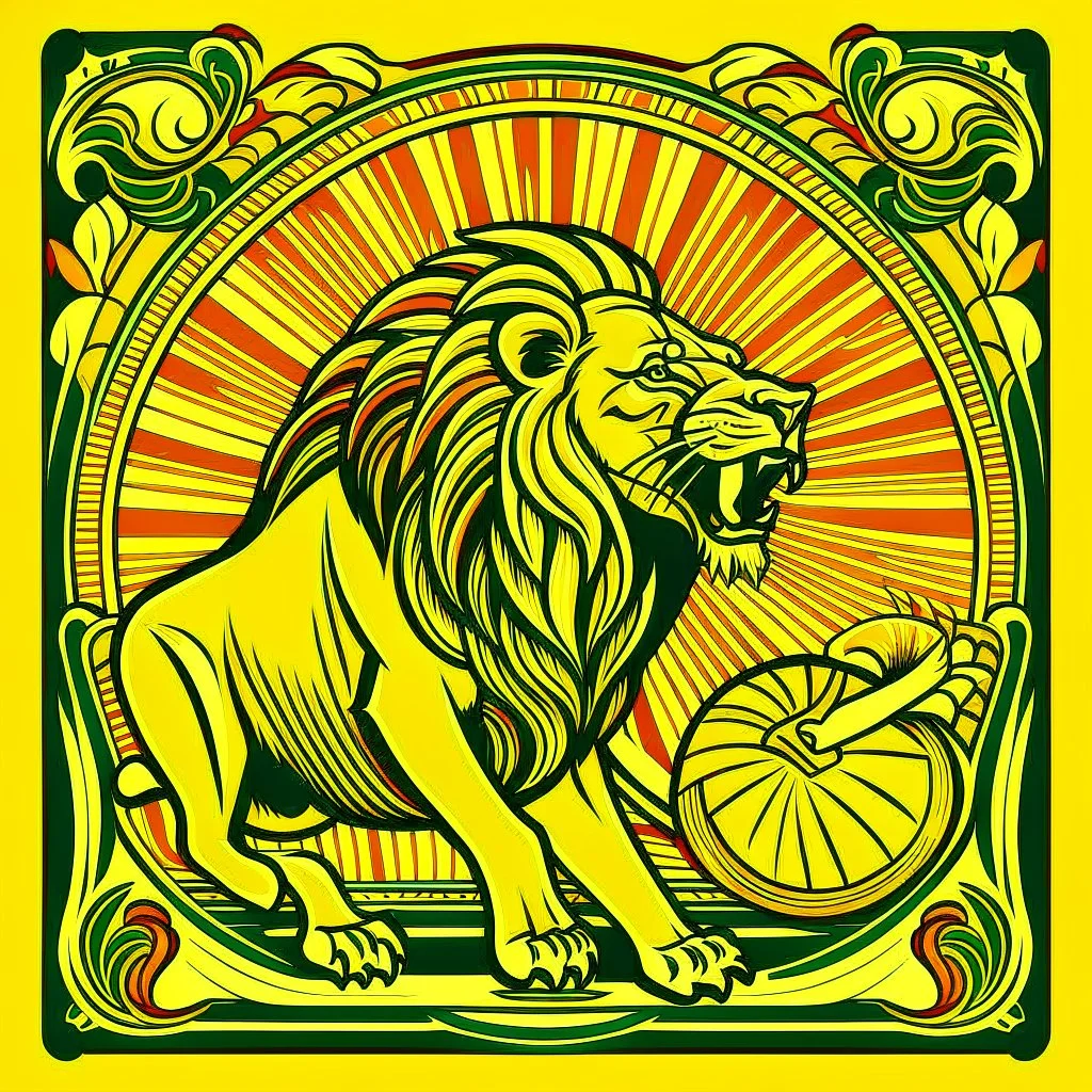 Art deco design of a lion eating a sun