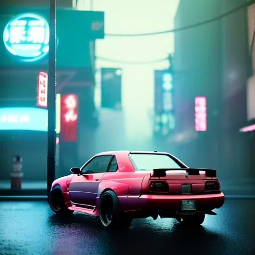 nissan skyline r34; tokyo; realistic; rain; neon signs