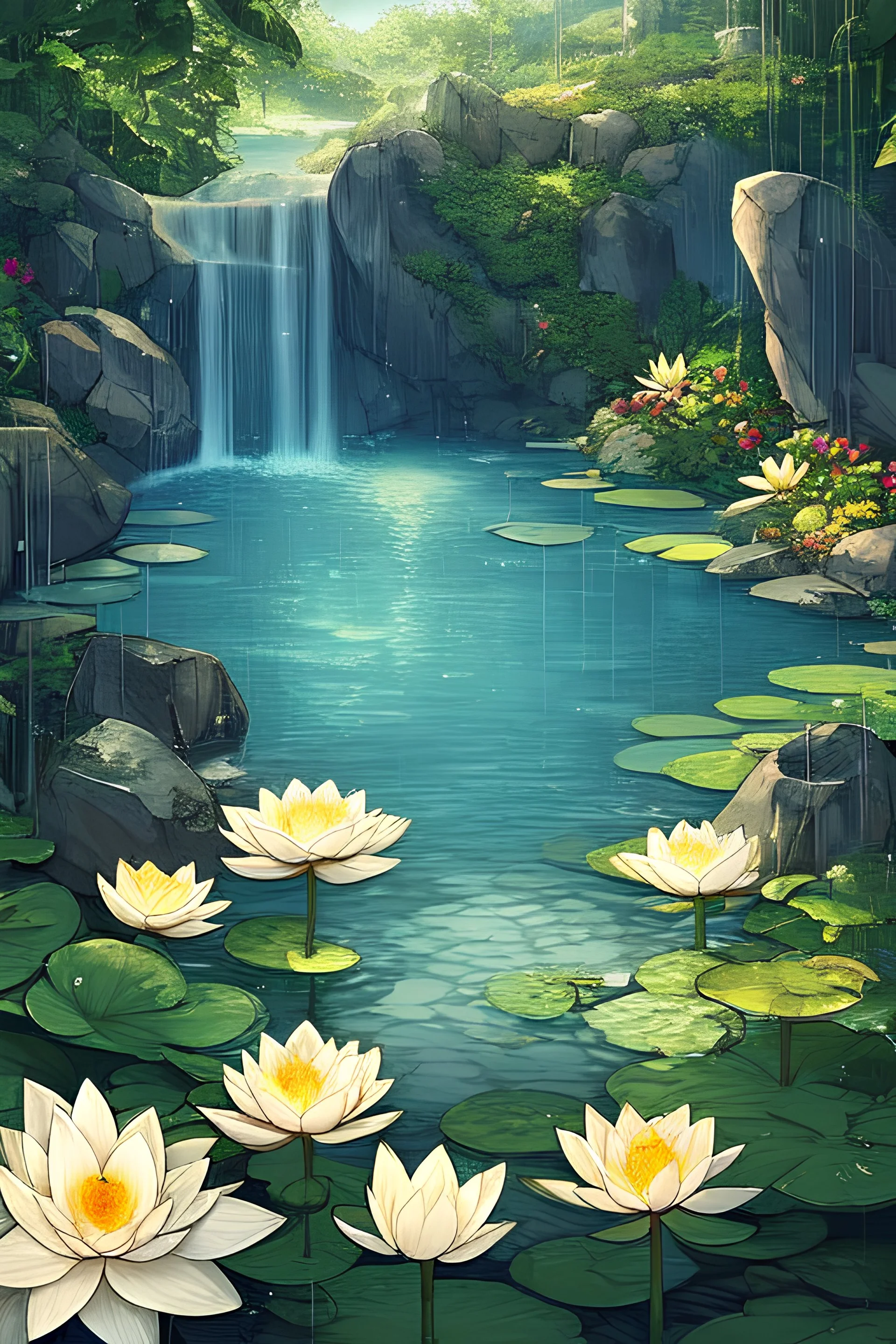 Rain, rocks, gardens, ponds, lotus leaves, lotus flowers