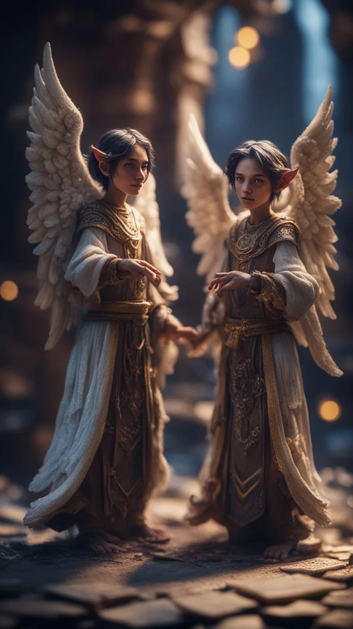 Harut and Marut are a pair of angels now confined to a dark well. They are said to tempt humans by teaching them the arts of sorcery, bokeh like f/0.8, tilt-shift lens 8k, high detail, smooth render, down-light, unreal engine, prize winning