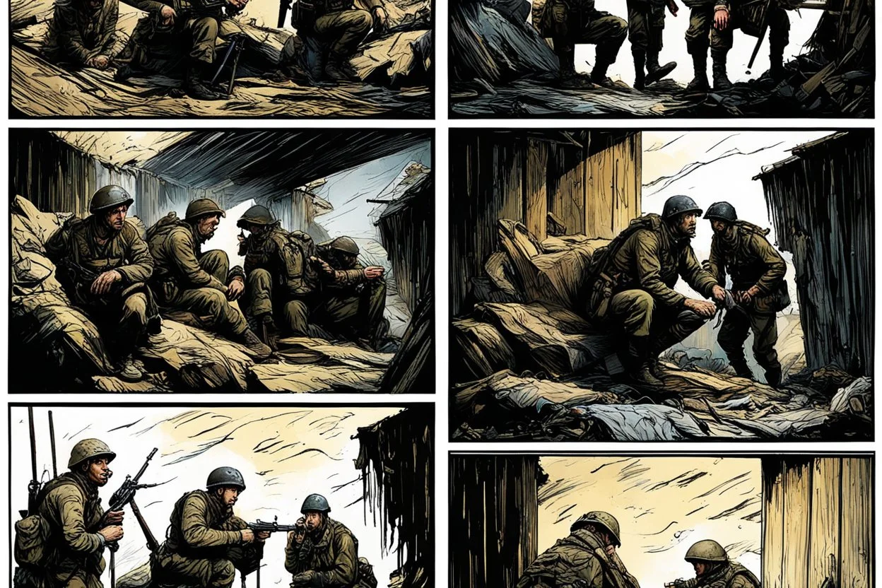 Masterpiece1:5)(Fineart), (award-winning:1.5), highest quality, war journalism editorial ,(by Tim Page, Hoorst Faas:1.5)),(Eastern Ukraine:(panel one:the moment after a battle ends, horrors of war, wounded men),(2nd panel, cinematic shot of men sitting in trench with 1000 yard stare (focus on their eyes:1.5)),(the third panel shows troops tired but hyper alert), (the fourth panel shows the sky is filled with incessant, fire and smoke everywhere,)