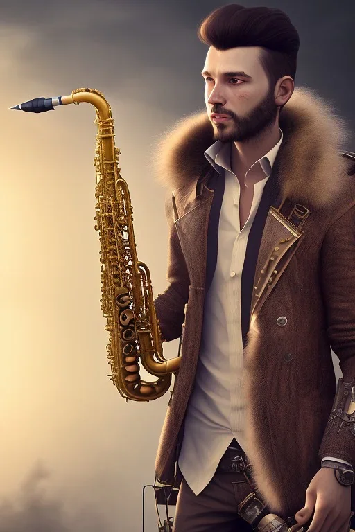 steampunk , saxophone player, caucasian man, big hair, post-apocalytic setting, volumetric lighting, particals, intricate detail,realistc, close up