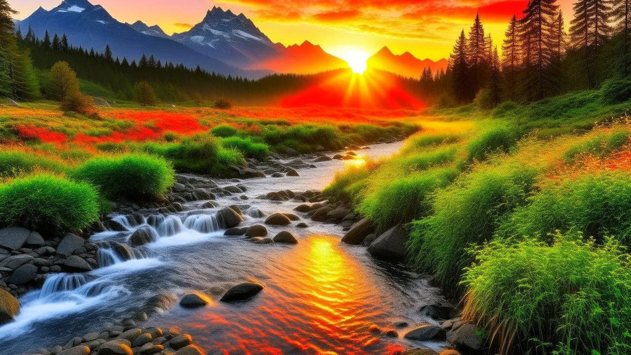 A view of breathtaking nature, at sunrise with a mountain stream and mountains in the background.