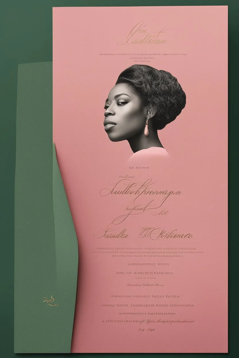 An extremely formal, funeral program written in French for a black woman (include a front photograph of a beautiful biracial black woman) on salmon pink deeply pigmented velvet paper with brilliant, brightest heavy golden greenish calligraphy fonts, simple, minimalistic, less element, very dramatic lighting