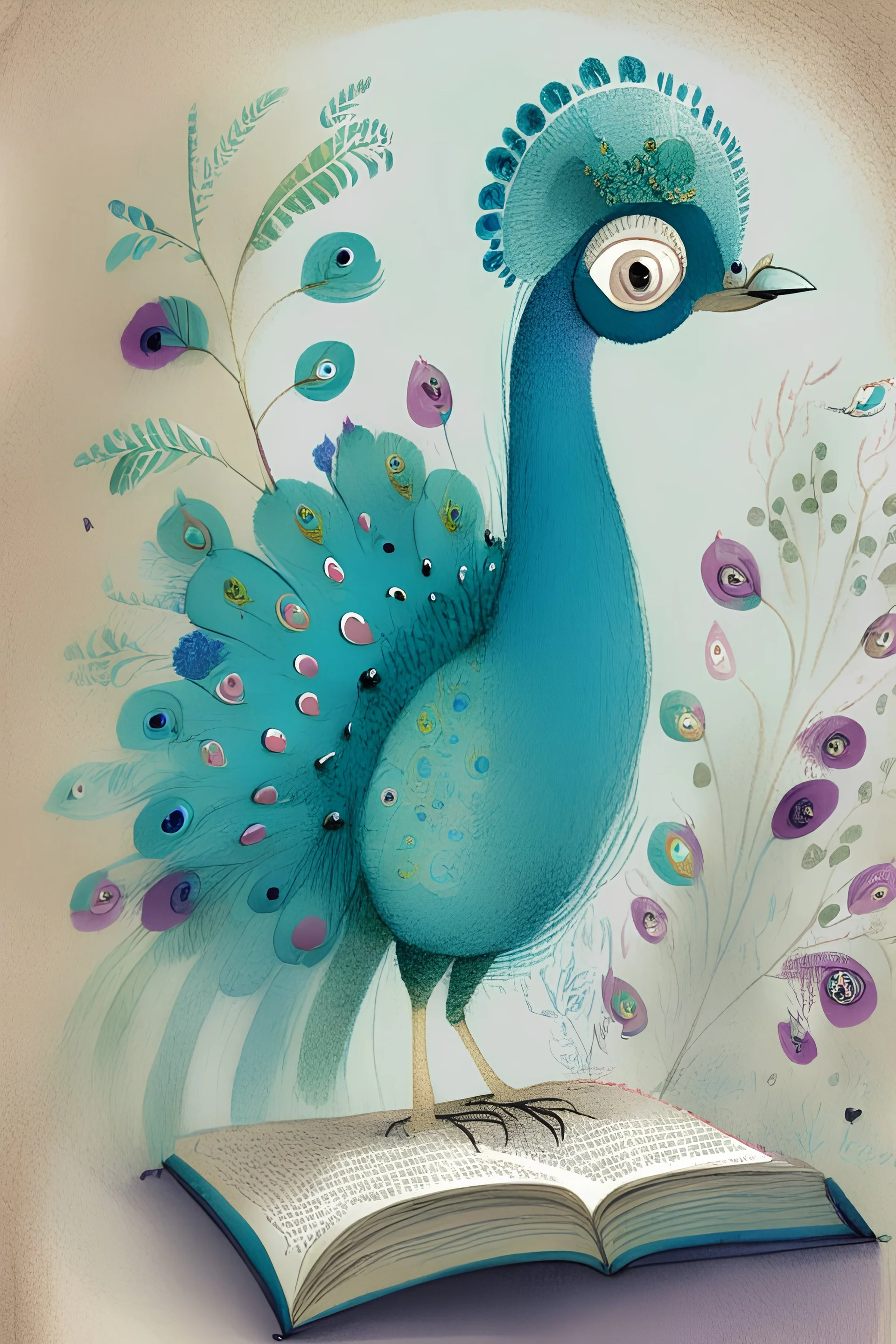 Illustrated children's book page, friendly peacock