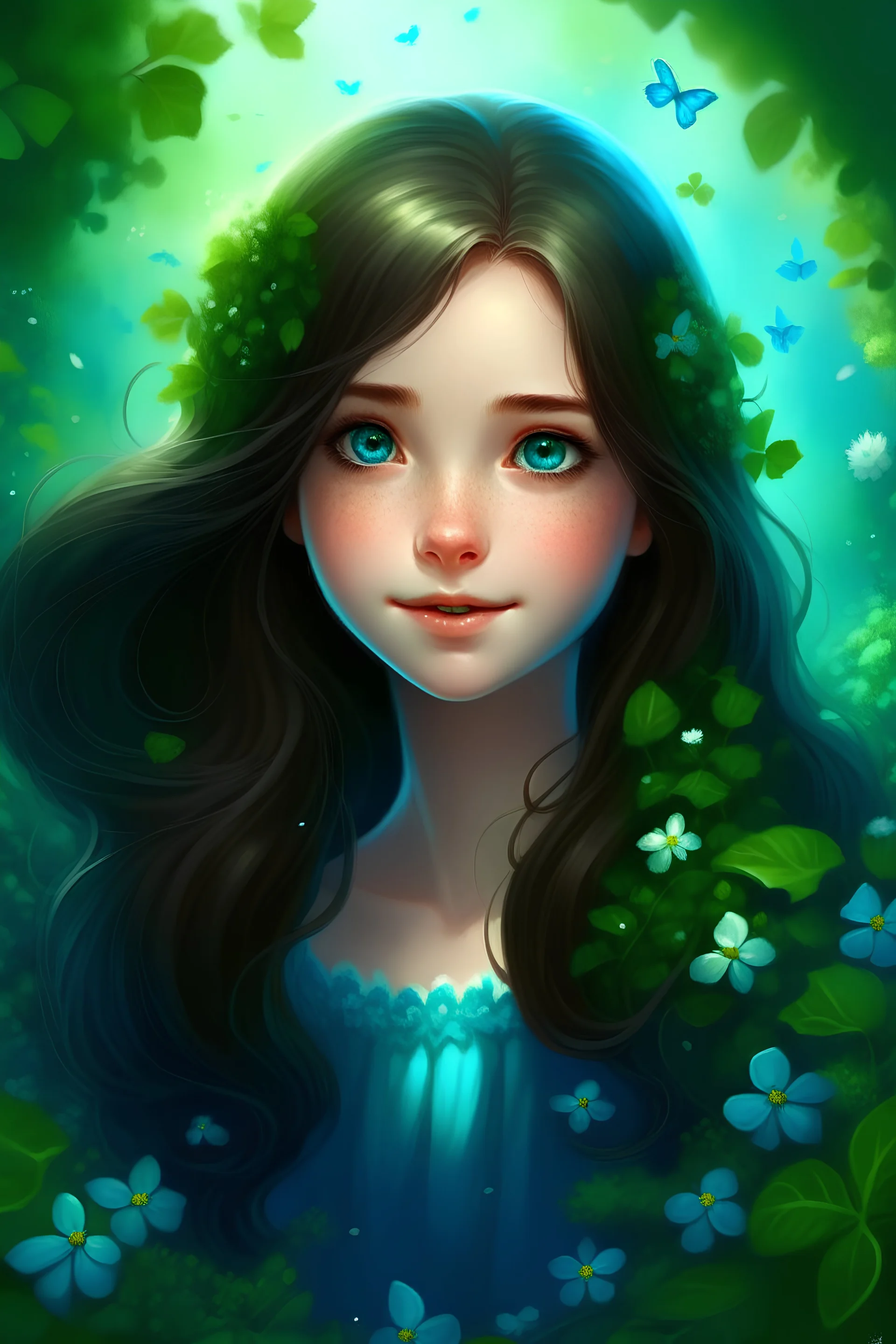 A captivating young girl with lustrous dark hair and radiant blue eyes finds herself immersed in a whimsical realm, adorned with an enchanting array of clover leaves.