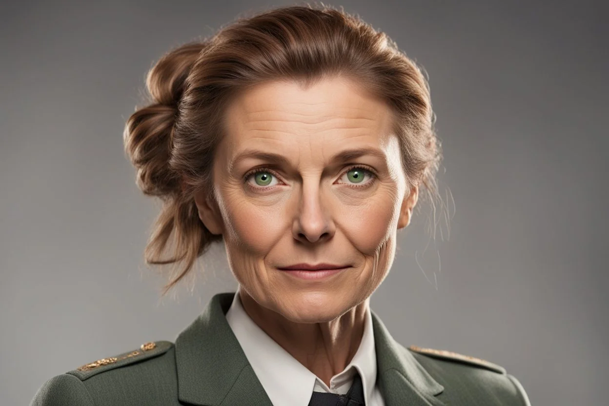 Женщина 40-45 лет с тёплым, но уставшим лицом. Каштановые волосы с проседью, собранные в жёсткий пучок (на службе) или распущенные (дома). Зелёные глаза с острым взглядом, который замечает всё, но смягчается, когда она смотрит на Кристину. Носит практичную одежду – блейзеры, брюки, значок шерифа на лацкане.