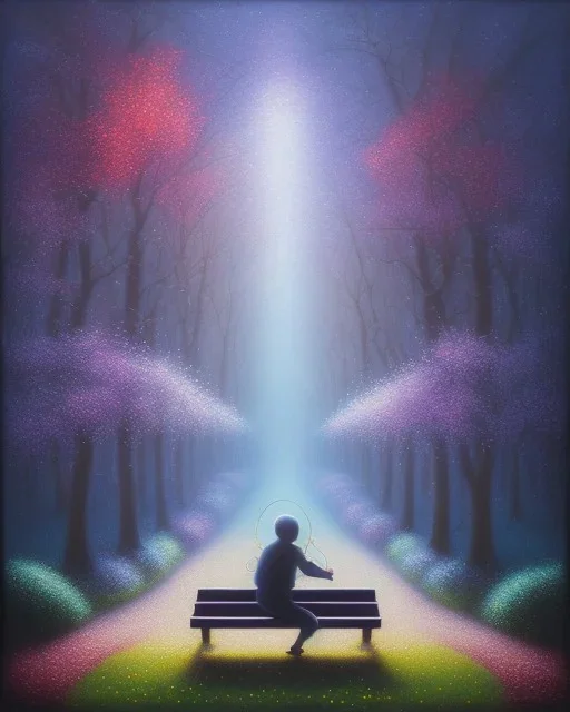 park mystical dream, park bench, man, woman, child, dog, trees, path, bird, sunshine, mystical, fantasy, romanticism, pastel colors, daylight, daytime, acrylic painting, detailed, soft focus,