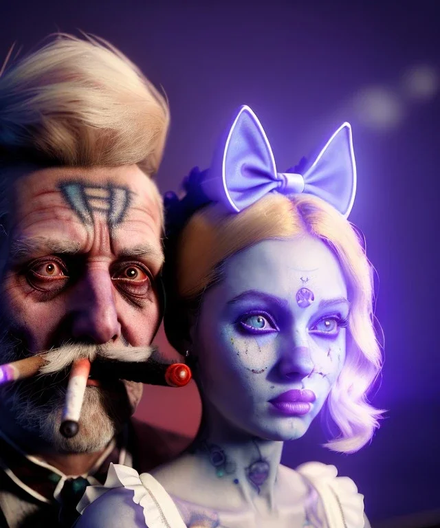 Ultra realistic photo, happy couple, blonde Alice woman and purple cat smoking a pipe, circus blue dress style, black headband with bow, old school body tattoo, smoke, marihuana garden, glow eyes, perfect iris, soft color, highly detailed, unreal engine 5, ray tracing, RTX, lumen lighting, ultra detail, volumetric lighting, high definition.