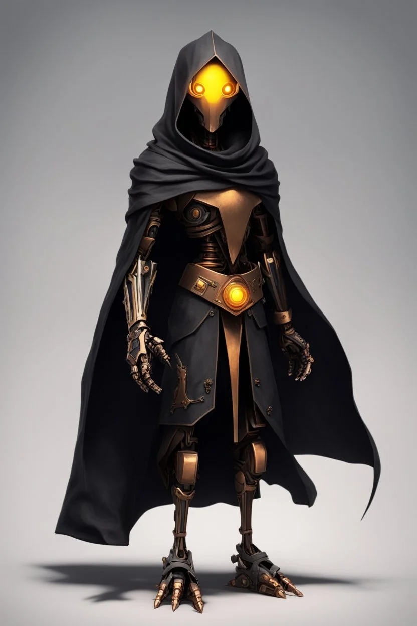 slim copper robot, dungeons and dragons, yellow eyes, wearing black cloak