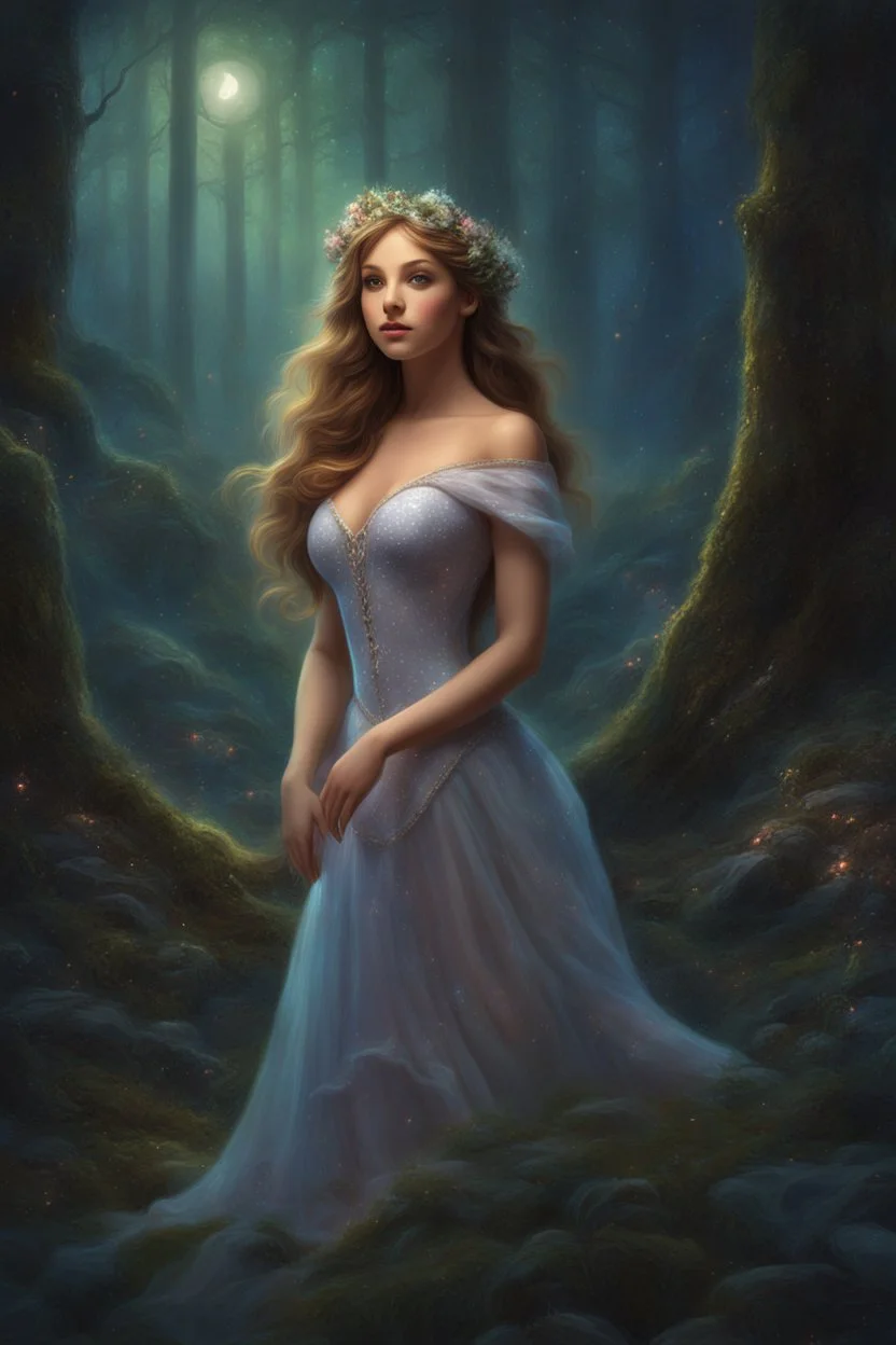 Painting of a dream girl in a fantasy forest, glitters in the forest background, haunted forest, digital painting, inspired by thomas kinkade, fantasy painting, dancing girl, song, fantasy art, fantasy girl, beautiful girl, beautiful face, young girl, beautiful painting, forest In the background, dark night, glitter in the background, fantasy forest, high quality, 4k