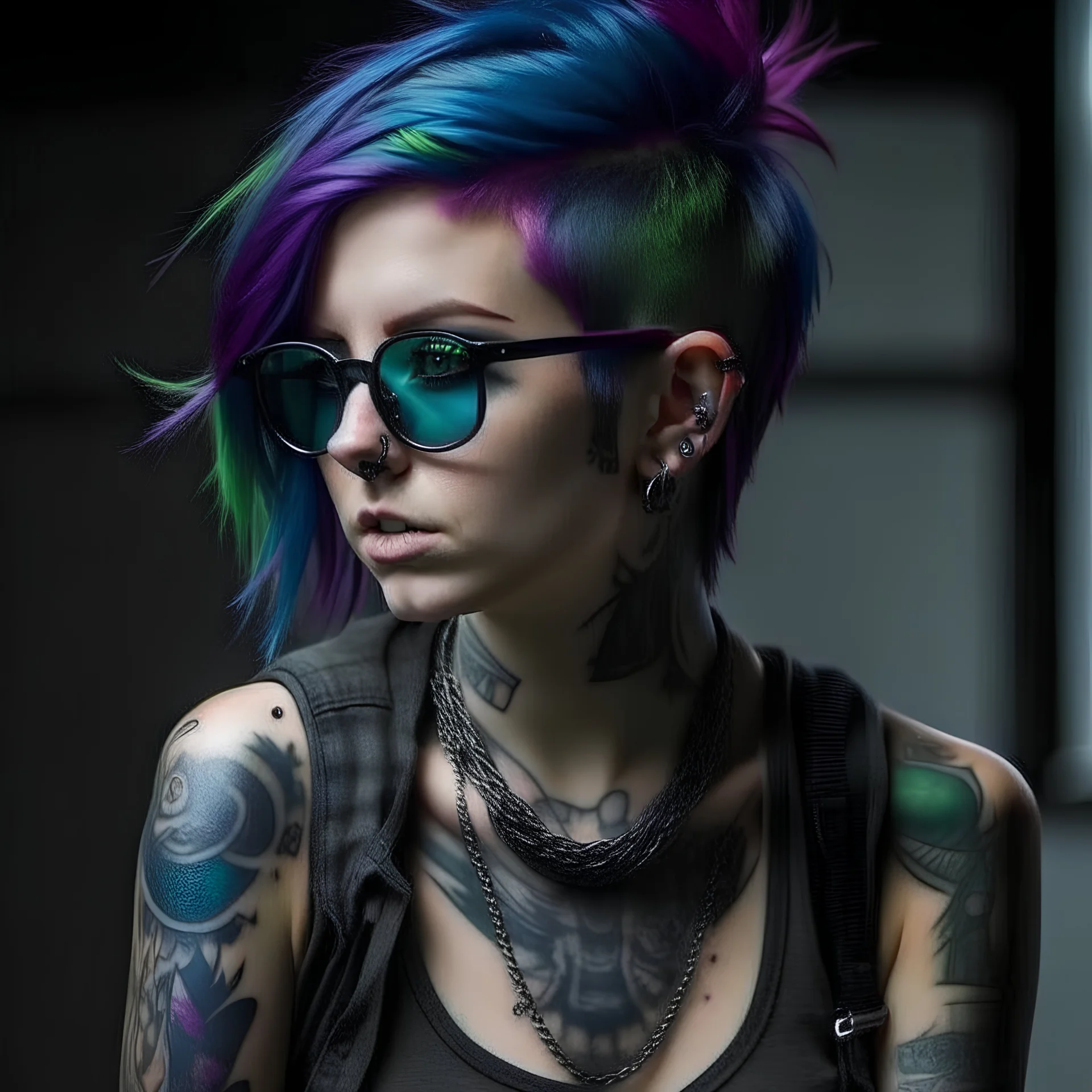 a punk girl with a unique and beautiful appearance, featuring irregularly shaped glasses, visible tattoos, and a striking hairstyle that combines shades of purple, green, and blue. She has a confident pose, embodying the punk aesthetic with edgy and stylish clothing, bold makeup, and distinctive tattoos that capture the essence of punk culture.