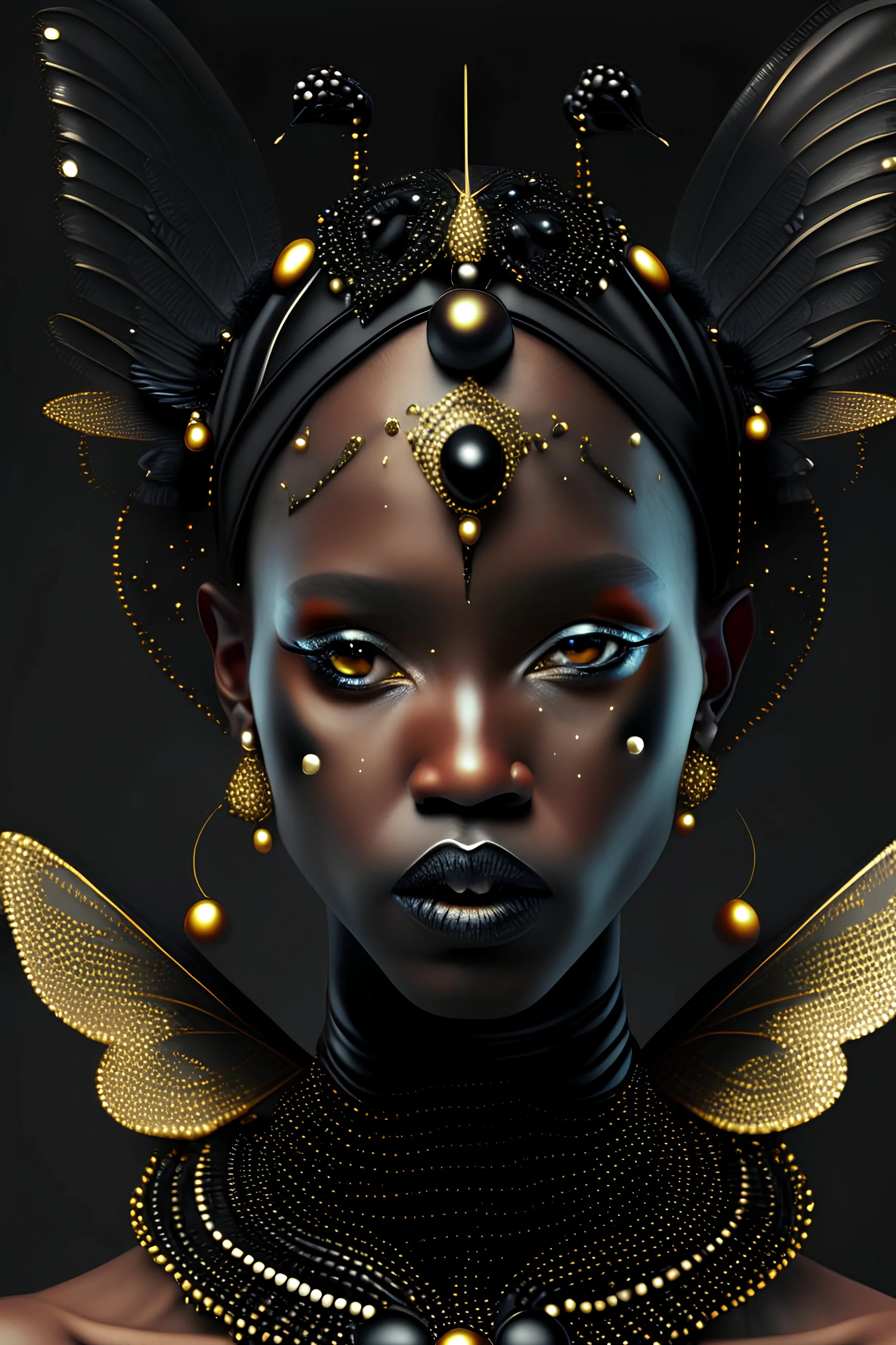 A beautiful vantablack woman portrait with voudore adorned with black ladybug headdress and earrings ribbed with black obsidian and white pearls wings metallic golden filigree organic bio spinal ribbed detail of vantablack background extremely detailed hyperrealistic maximálist concept att