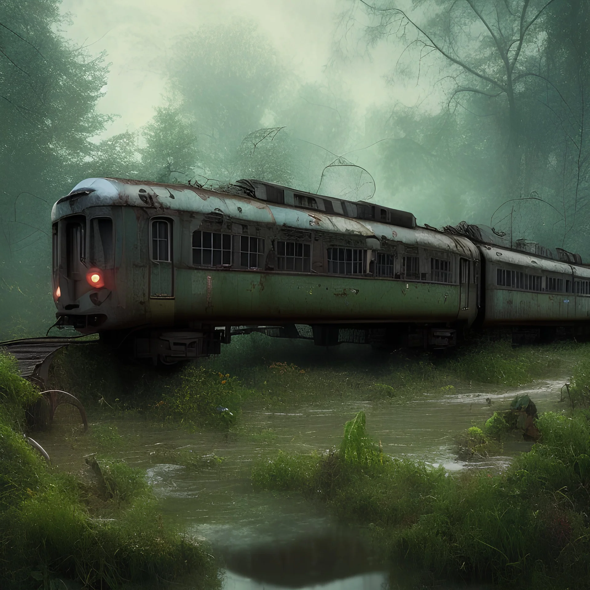 an abandoned train on tracks overgrown by nature with large puddles of water flooding part of tracks, 8k resolution, high-quality, fine-detail, intricate, digital art, detailed matte, volumetric lighting, illustration, 3D octane render, brian froud, howard lyon, selina french, anna dittmann, annie stokes, lisa parker, greg rutowski